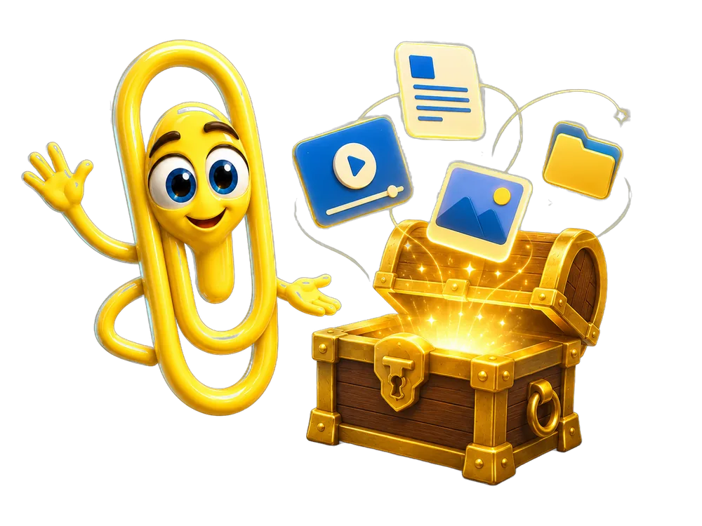 Clippie, o mascote da Bescode: um clipe de papel amarelo sorridente acenando ao lado de um baú com conteúdos — vídeos, artigos e imagens.